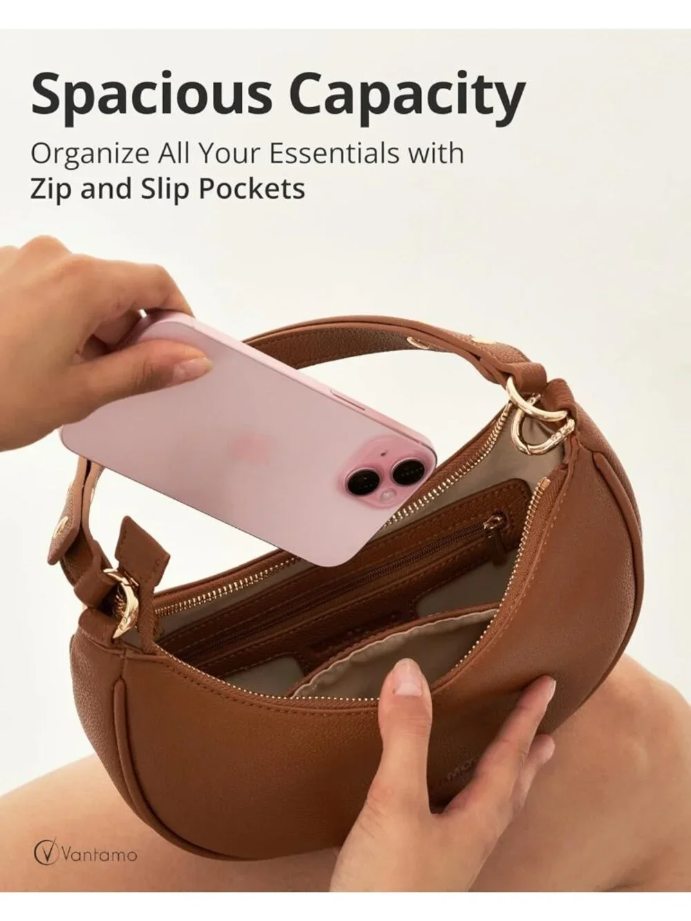 Vantamo Women's Bag Brown Half Moon Clutch with Anti-Theft Clip for Extra Safety